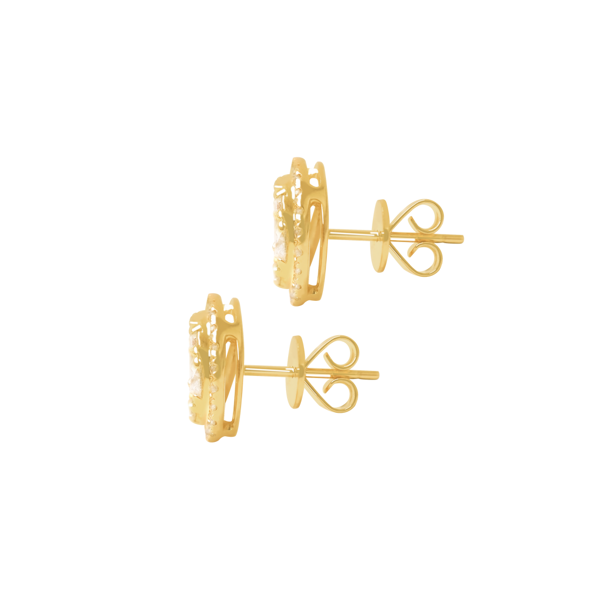 Aretes oro amarillo 18K tipo rosetas con halo de brillantes