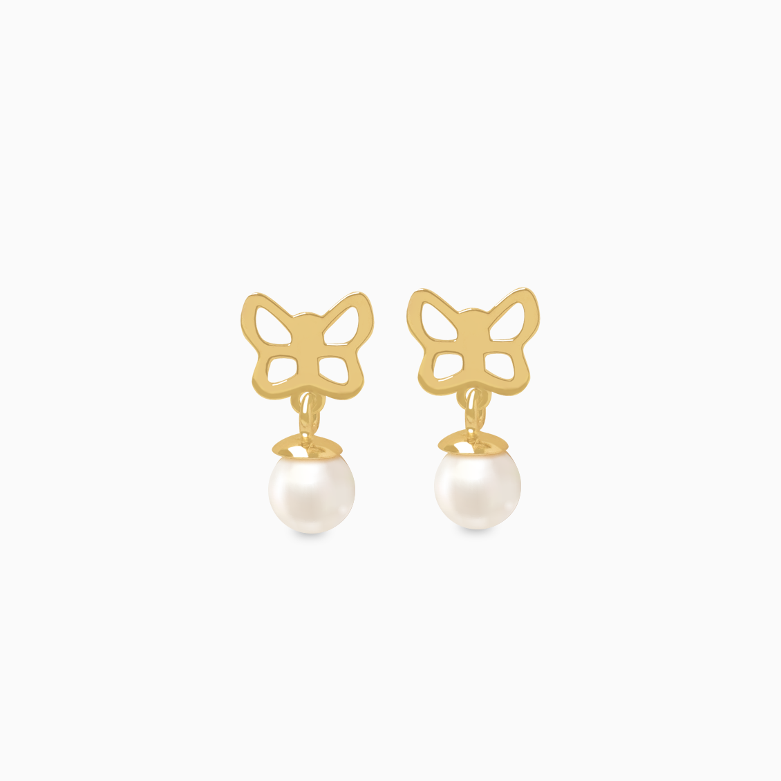 Aretes en oro amarillo de 18K mariposa calada con perla colgante