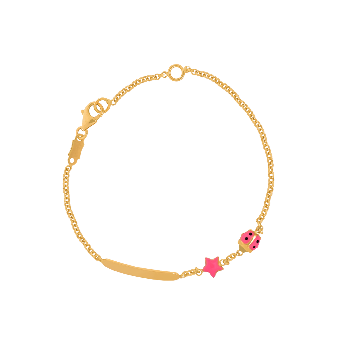 Pulsera oro amarillo de 18K con plaquita oval, estrellita y mariquita rosada