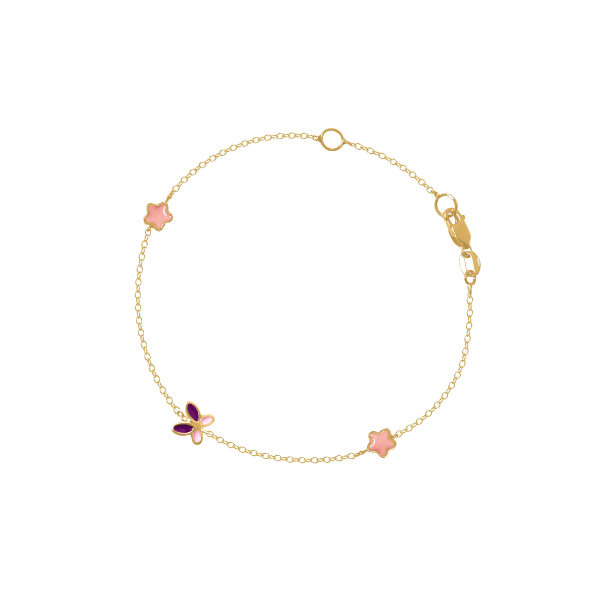 Pulsera en oro amarillo de 18K con estrellitas y mariposita rosada.