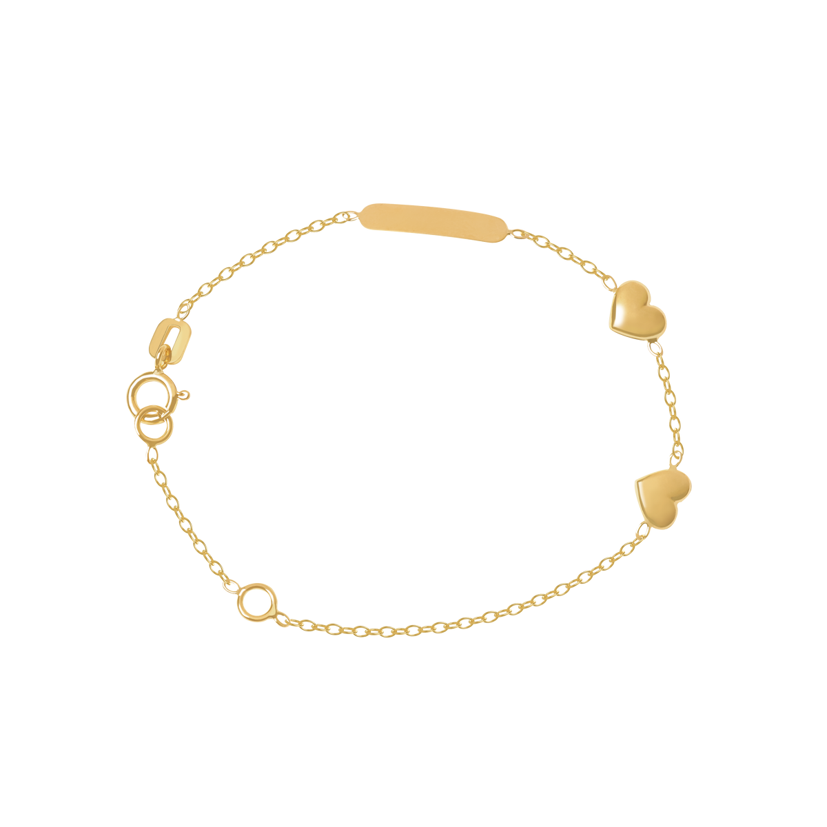 Pulsera en oro amarillo de 18K placa lisa con 2 corazones lisos.