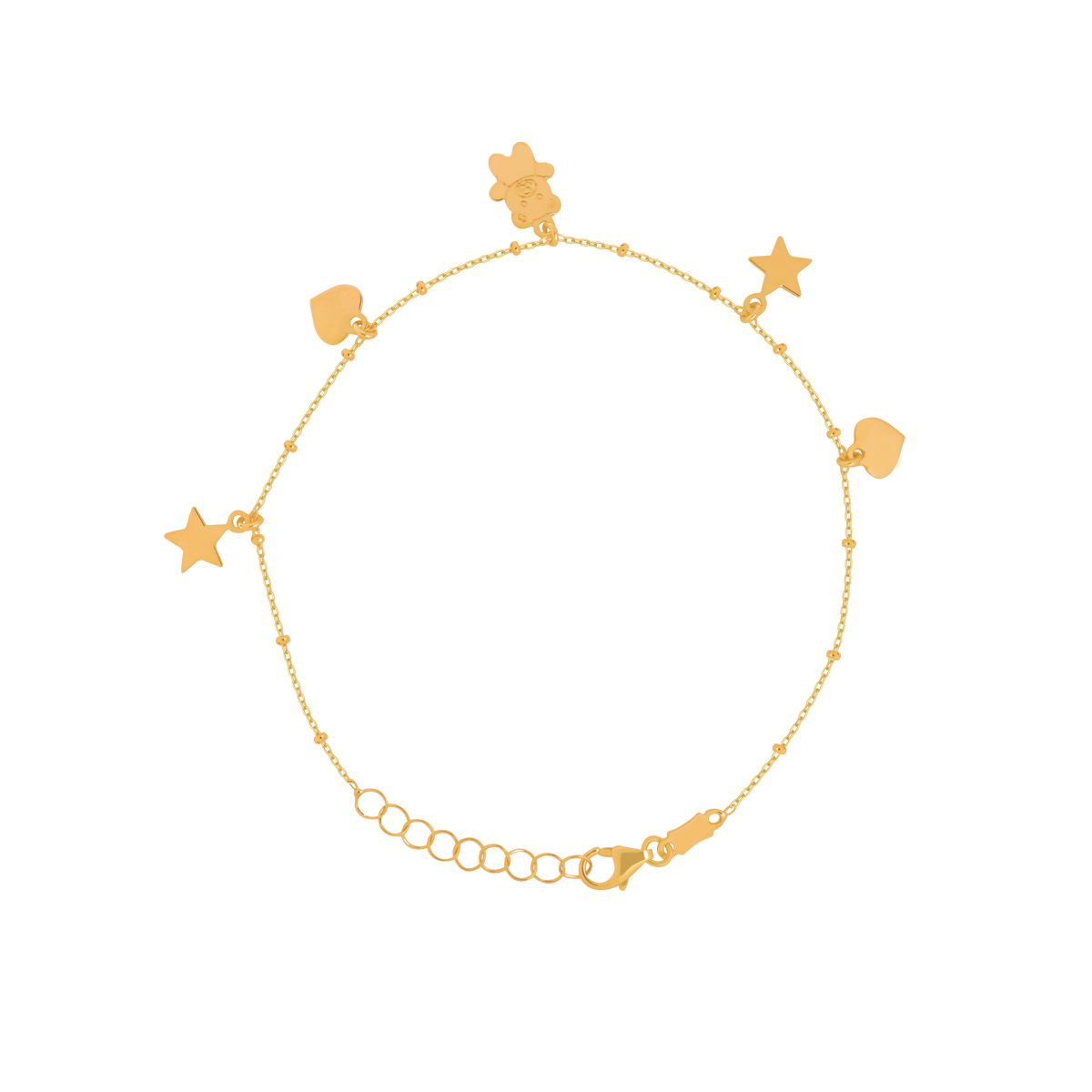 Pulsera oro amarillo de 18K con dijes estrella, corazón y oso