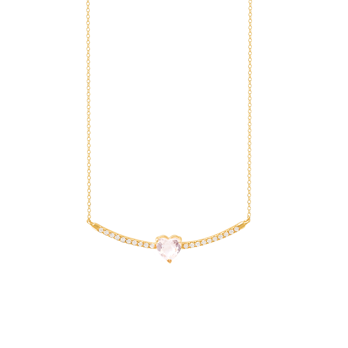 Collar en oro amarillo de 18K con cuarzo rosado corazón y barra de brillantes