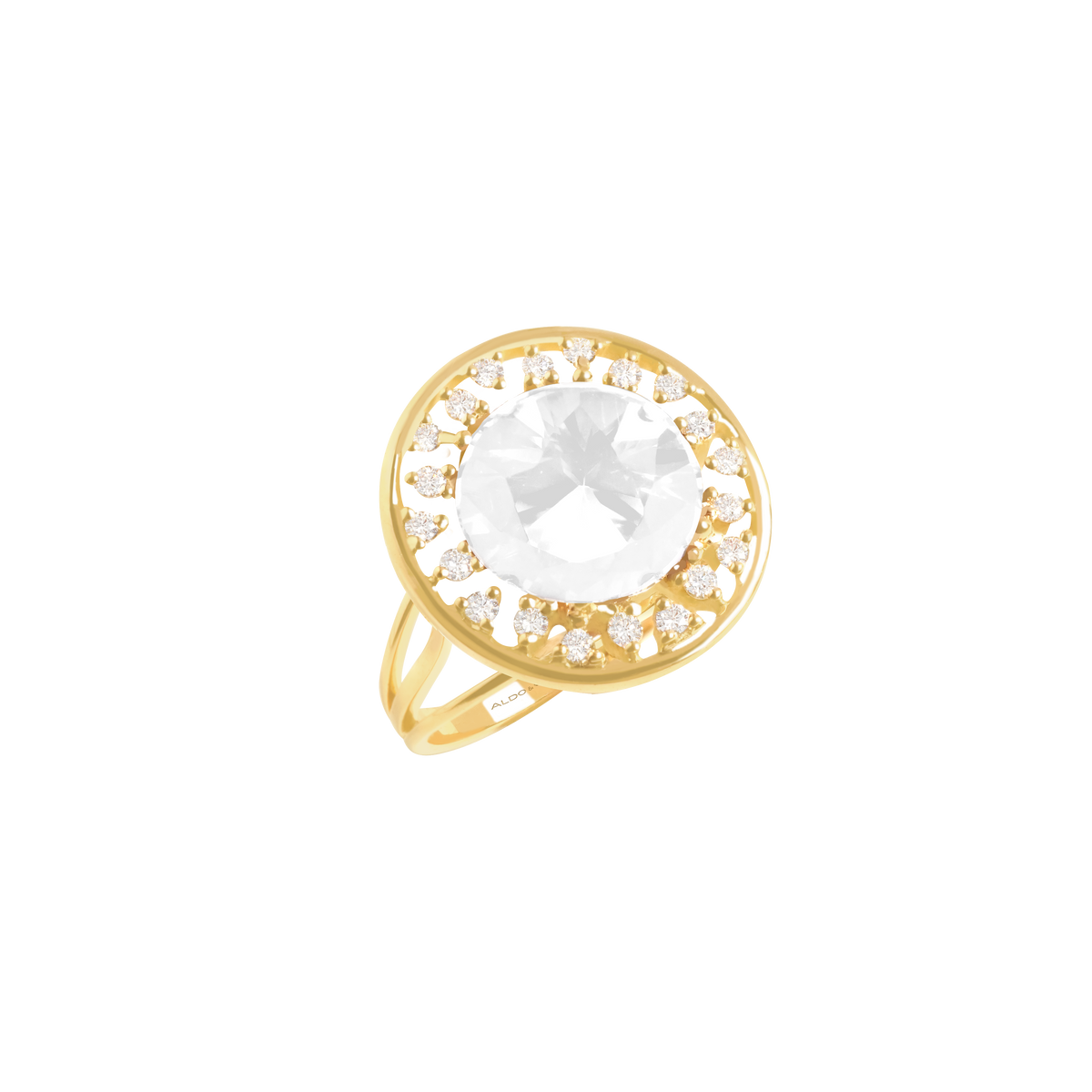 Anillo en oro amarillo de 18K redondo calado con cuarzo cristal redondo