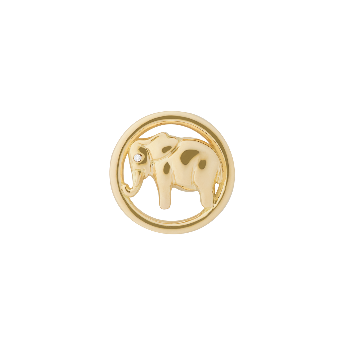 Dije en oro amarillo de 18K circular calado elefante con volumen y brillantes