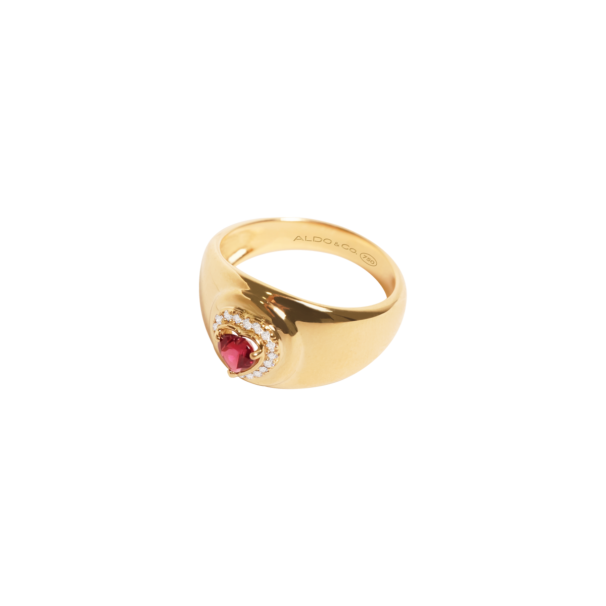 Anillo en oro amarillo de 18K con rodolita corazón con brillantes alrededor