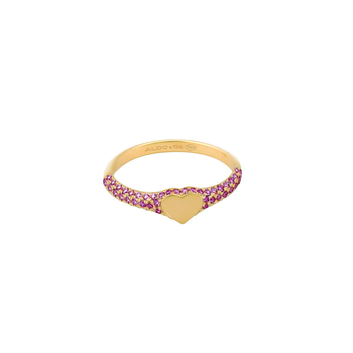 Anillo en oro amarillo de 18K con corazón liso plano y laterales con rubies