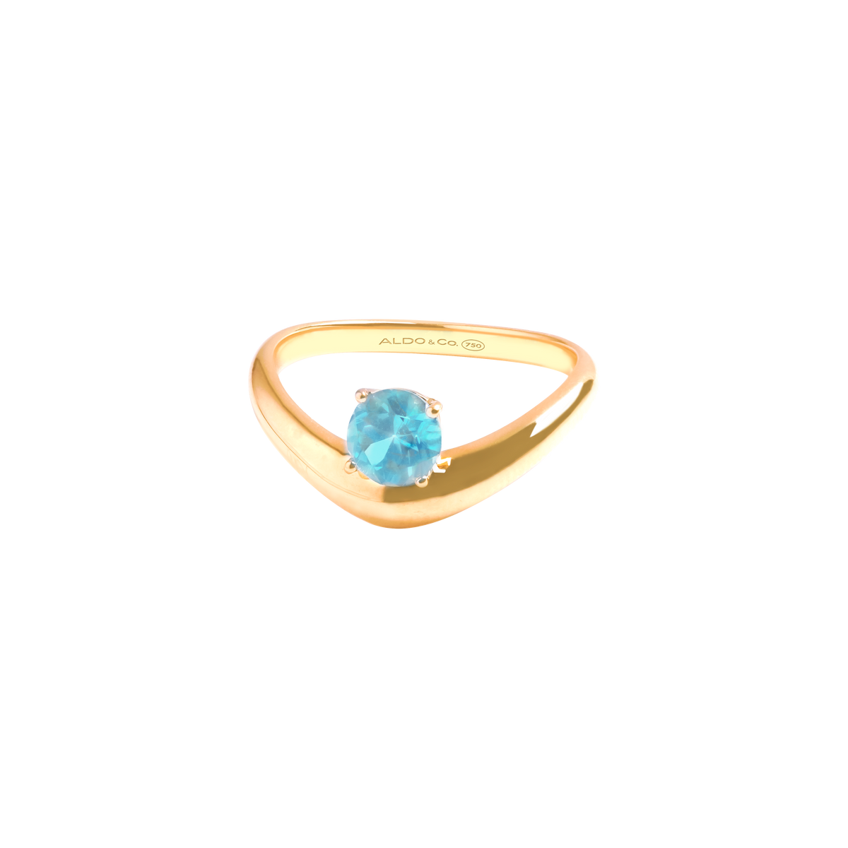 Anillo en oro amarillo de 18K curvo con topacio london blue redondo