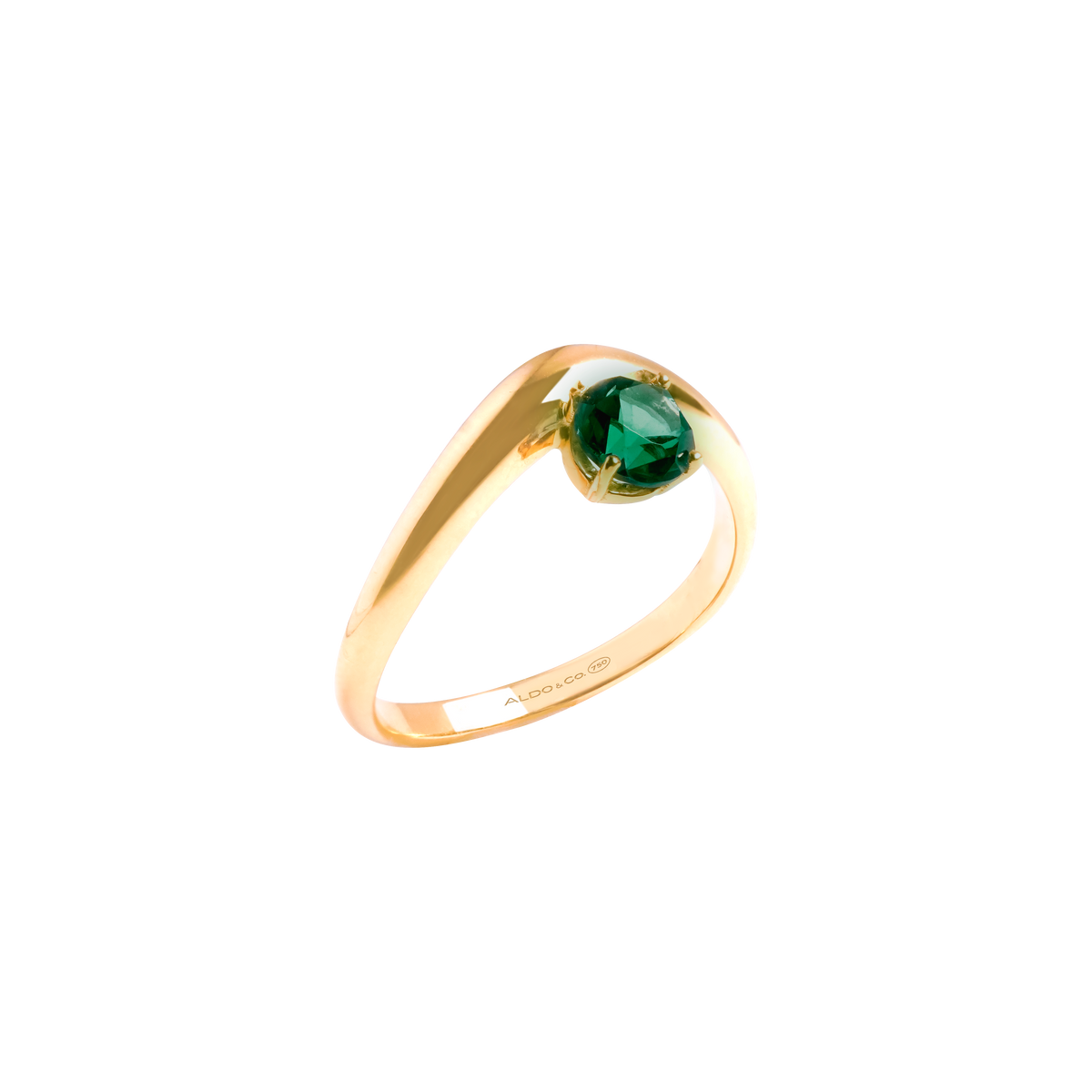 Anillo en oro amarillo de 18K curvo con turmalina verde redondo