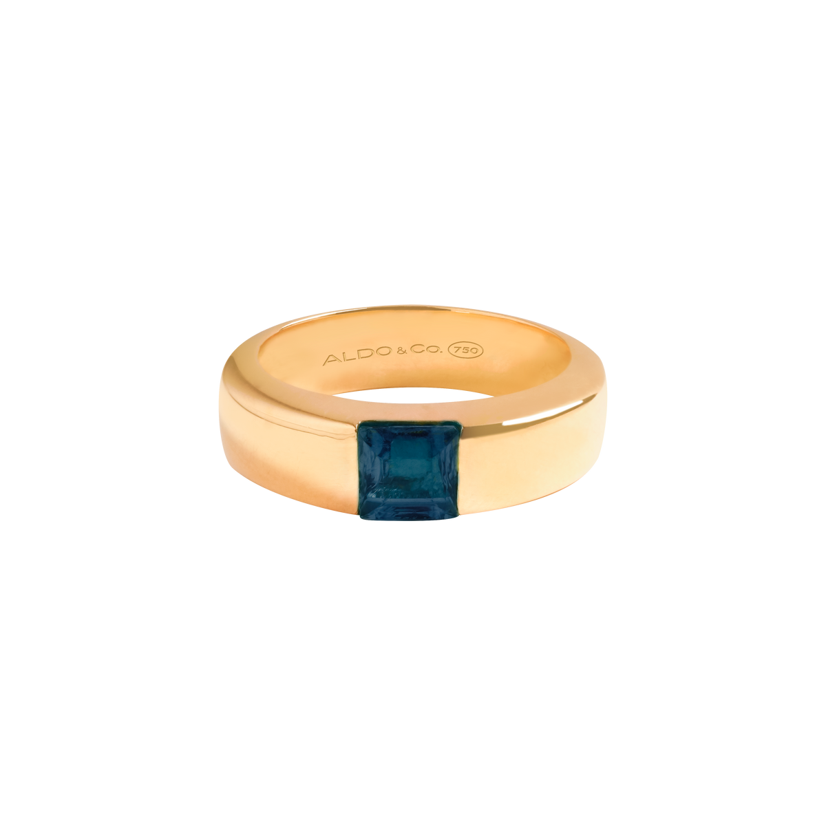 Anillo en oro amarillo de 18K media caña centro con turmalina azul