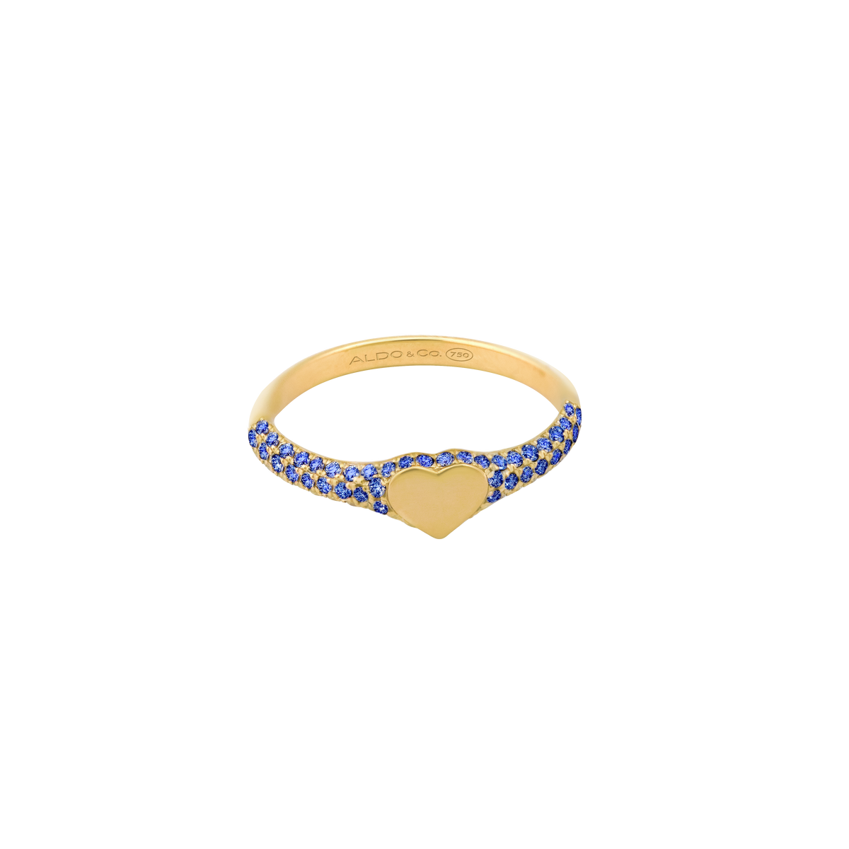 Anillo en oro amarillo de 18K con corazón liso plano y laterales con zafiros